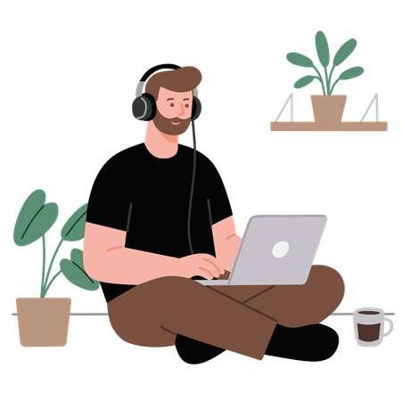 Businessman works on laptop while listening songs  Illustration