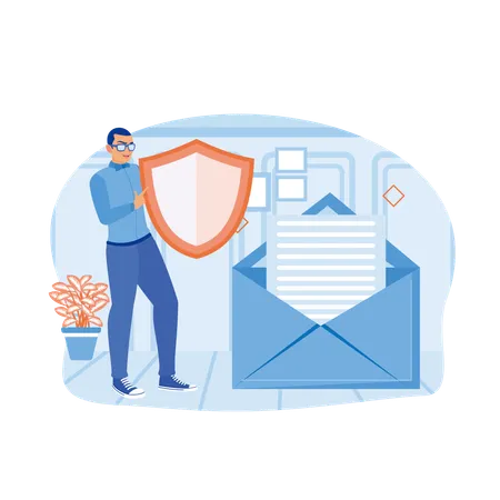 Businessman works on mail protection measures  Illustration