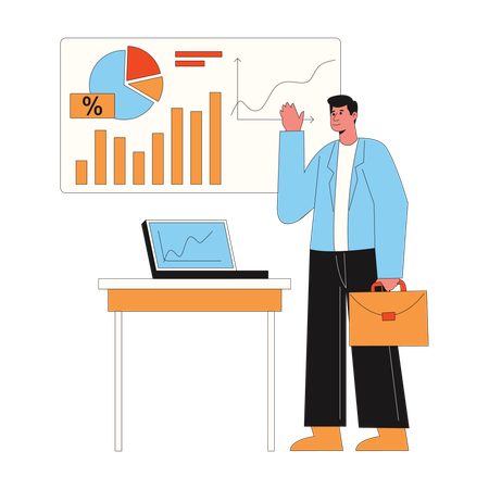 Businessman works on marketing data  Illustration