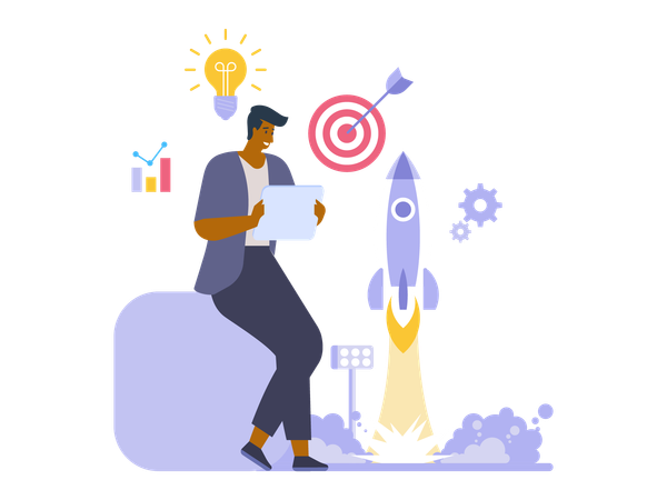 Businessman works on product launch  Illustration