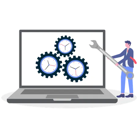 Businessman works on system configuration  Illustration