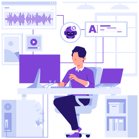 Businessman works with audio transcription  Illustration