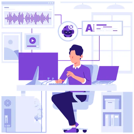 Businessman works with audio transcription  Illustration