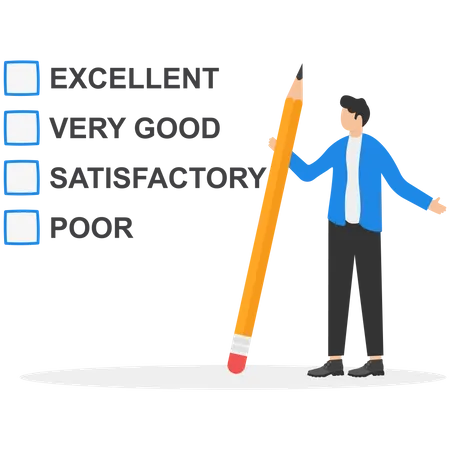 Businessman Writing Checklist On The Text Solution Performance Evaluation Form With Red Check Mark On Excellent Modern Vector Illustration In Flat Style Illustration