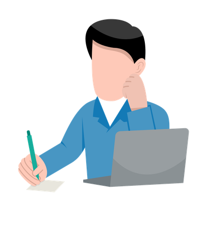 Businessman writing note while working on laptop  Illustration