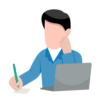 Businessman writing note while working on laptop  Illustration