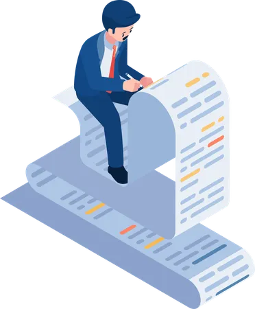 Flat 3 D Isometric Businessman Writing On Document Paperwork And Ghostwriter Concept Illustration