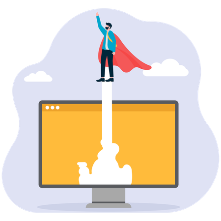 Businessman zooms out from desktop as superhero  Illustration