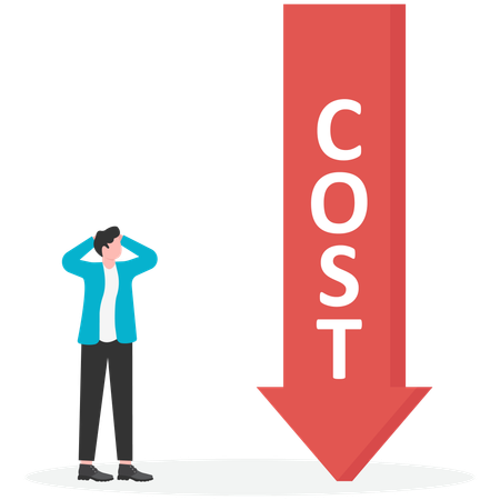 Businessman's hand holding green down arrow put on COST bar chart  Illustration