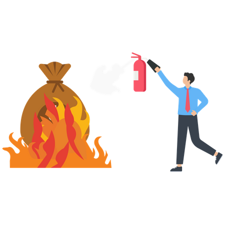 Businessman's money bag is on fire  Illustration