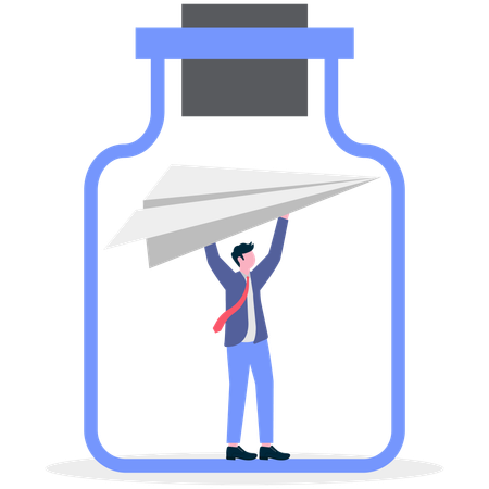Businessmanstanding in bottle with paper plane  Illustration