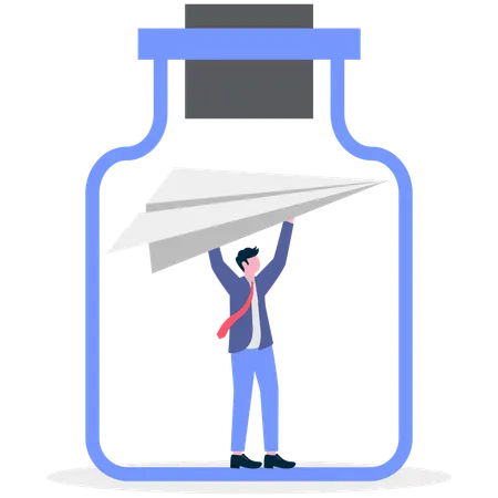 Businessmanstanding in bottle with paper plane  Illustration