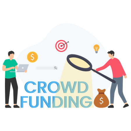 Businessmen analyzing crowdfunding opportunities with magnifying glass  Illustration