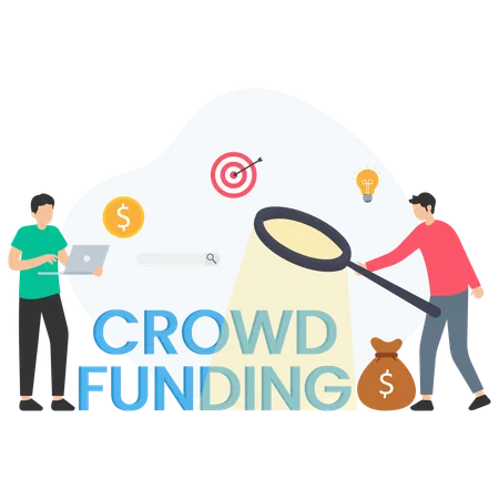 Businessmen analyzing crowdfunding opportunities with magnifying glass  Illustration