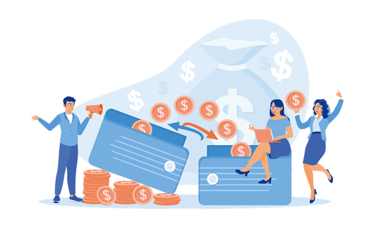 Businessmen and businesswoman doing coin exchange and banking system  Illustration