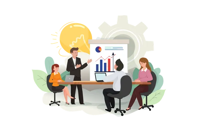 Businessmen and businesswomen meeting brainstorming ideas conducting business presentation  Illustration