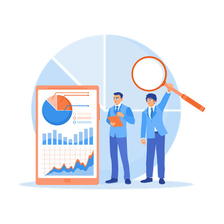 Businessmen and colleagues analyze graphs on monitor screen  Illustration