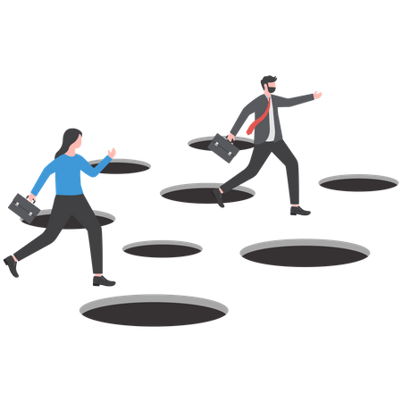 Businessmen and women jump between holes confidently to reach the goal  Illustration