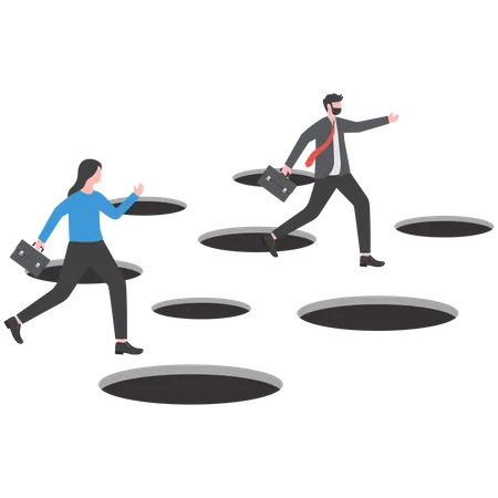 Businessmen and women jump between holes confidently to reach the goal  Illustration