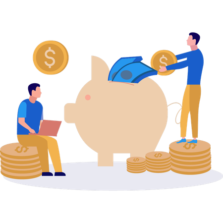 Businessmen are saving money in the piggy bank  Illustration