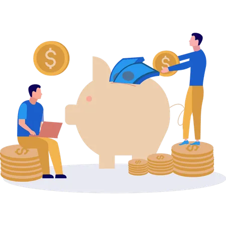 Businessmen are saving money in the piggy bank  Illustration