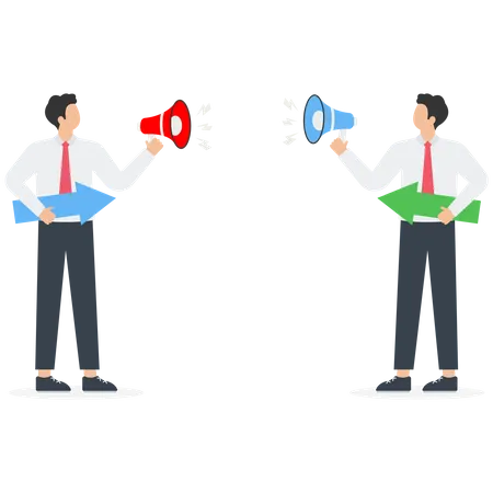 Opposite Business Vision Team Players Disagreement Or Team Conflict Alternative Choice Market Competition Different Business Development Strategies Businessmen Arguing With Arrows In Their Hands Vector Illustration