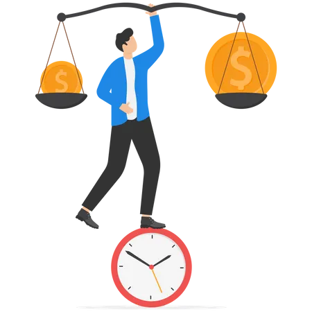 Businessmen balance money big and small coin on clock  Illustration