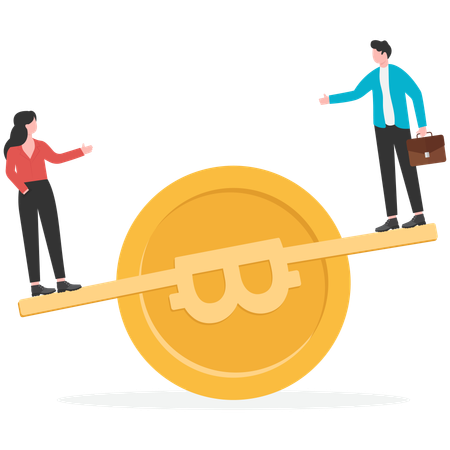 Businessmen balancing on bitcoin weight  Illustration