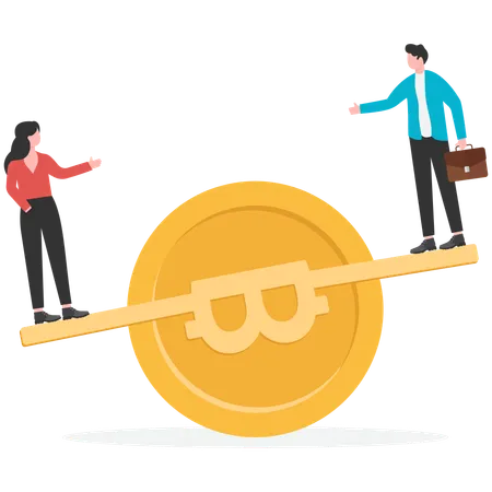 Businessmen balancing on bitcoin weight  Illustration