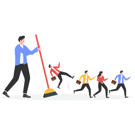 Businessmen being swept by a broom employee reduction  Illustration