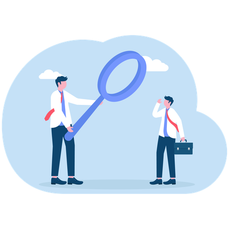 Businessmen being watched by big magnifying glass  Illustration