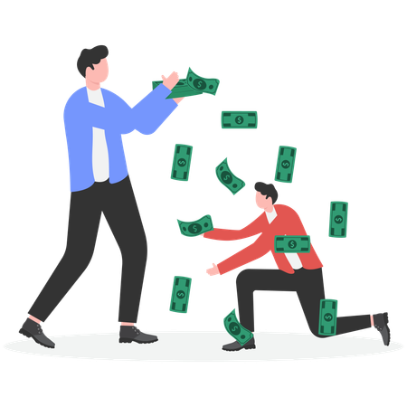 Businessmen bow down and bootlicking feet of powerful men who shower him with money  Illustration