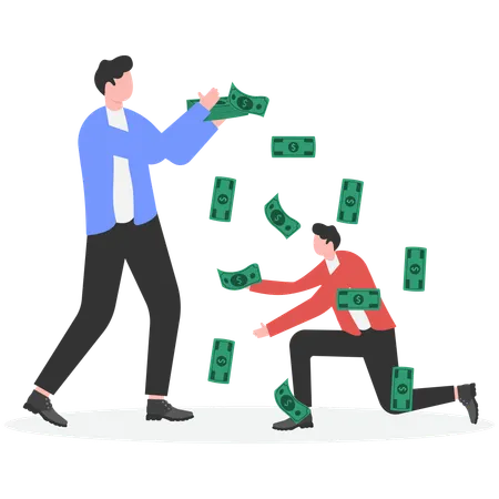Businessmen bow down and bootlicking feet of powerful men who shower him with money  Illustration