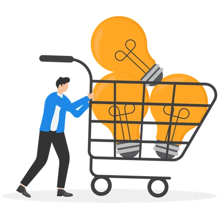 Businessmen Buy Ideas Businessman With A Shopping Cart Containing Light Bulbs Ideas Business Development And Strategy Flat Vector Illustration Illustration