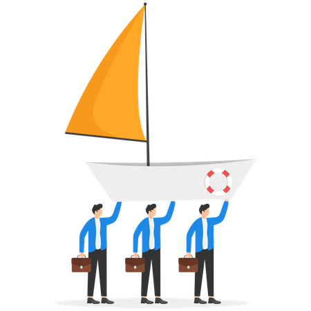 Businessmen carry a paper boat behind a man with a flag  Illustration