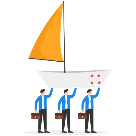 Businessmen carry a paper boat behind a man with a flag  Illustration