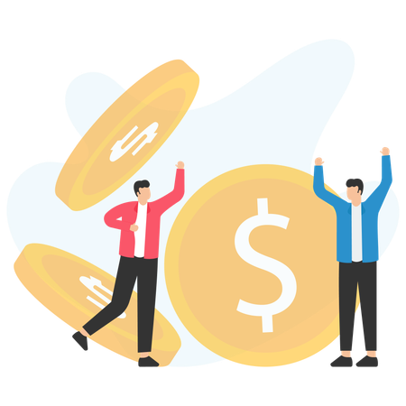 Businessmen celebrating financial success with large dollar coins  Illustration