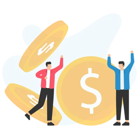 Businessmen celebrating financial success with large dollar coins  Illustration