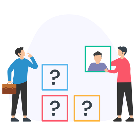 Businessmen choosing correct answer from available options with question marks  Illustration