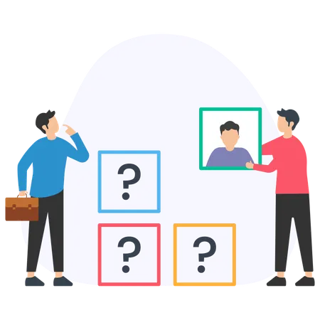 Businessmen choosing correct answer from available options with question marks  Illustration