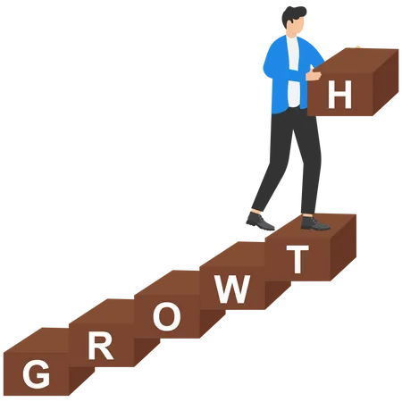 Businessmen climb ladder consisting of large letters growth  Illustration