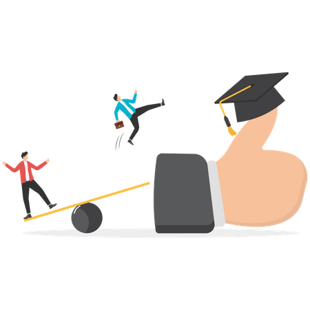 Businessmen climbing ladders to climb to pick graduation cap on their giant thumbs  Illustration