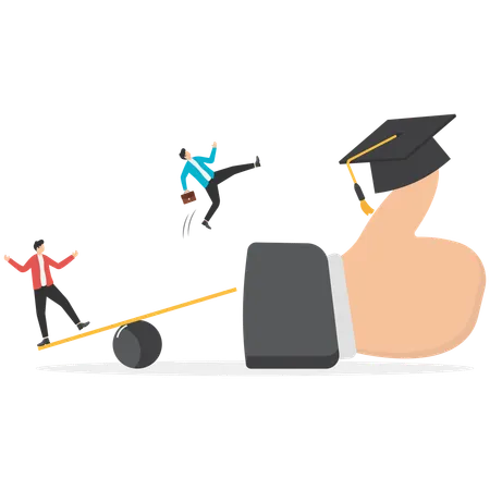 Businessmen climbing ladders to climb to pick graduation cap on their giant thumbs  Illustration