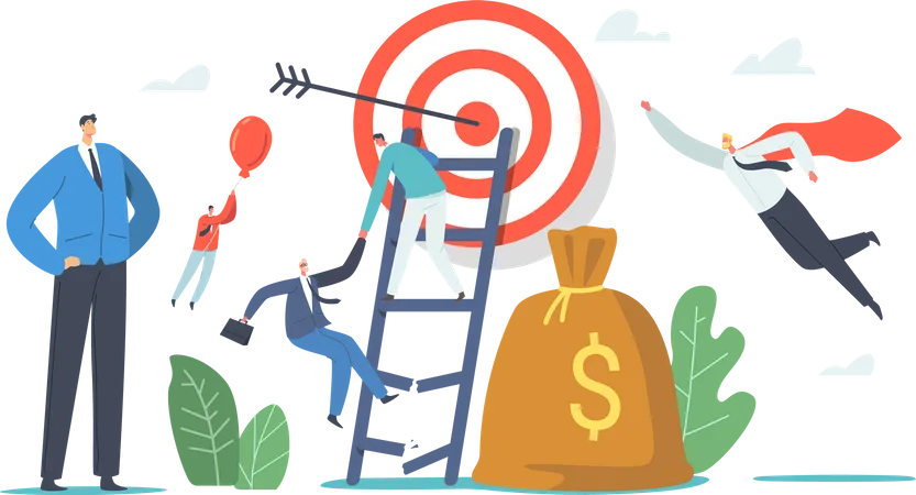 Businessmen Climbing on Ladder to Reach Target  Illustration