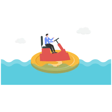 Businessmen control the money coin boat  Illustration