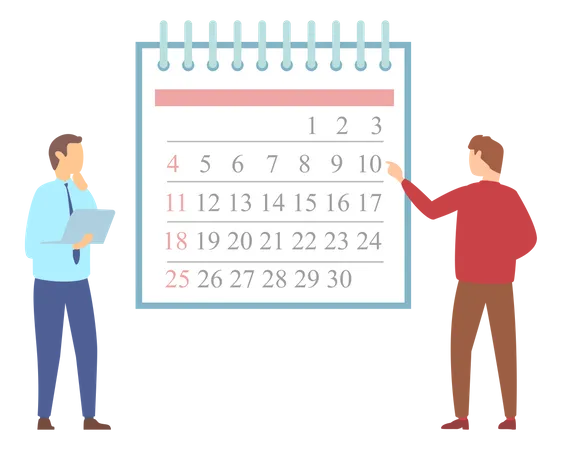 Men Looking At Month Calendar And Planning Schedule Businessmen Analyze Calendar And Make Monthly Plan People Deal With Time Management And Scheduling Characters Work With Workflow Organization Illustration