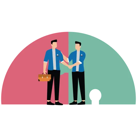 Businessmen finish deal with handshake on connected jigsaw puzzle  Illustration