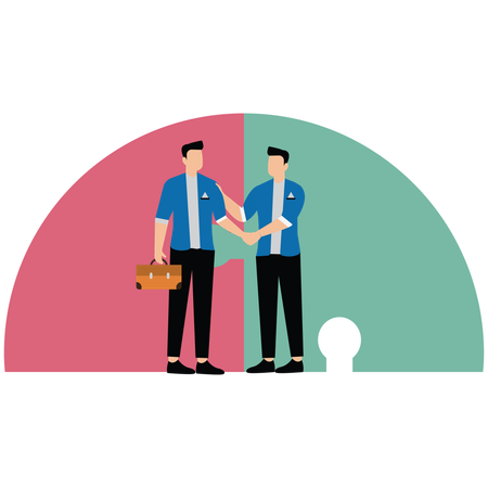Businessmen finish deal with handshake on connected jigsaw puzzle  Illustration