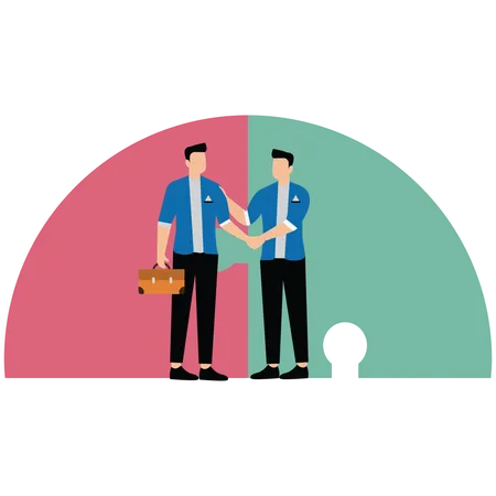 Businessmen finish deal with handshake on connected jigsaw puzzle  Illustration