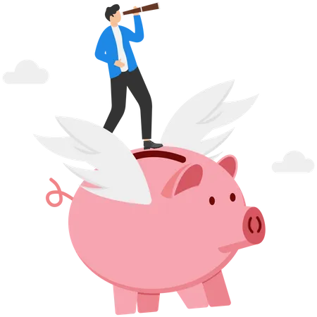 Businessmen fly piggy bank to vision next investment opportunity  Illustration